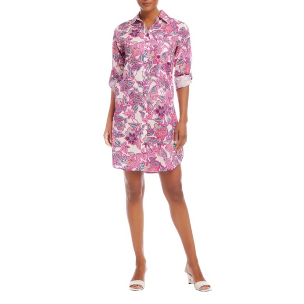 Karen Kane Floral Shirt Dress Medium Pink Purple Cotton Poplin Button Front NWT